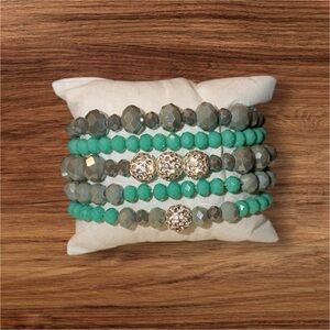 Gray Agate & Green Onyx Stretch Bracelet Stack with Rhinestone Pave